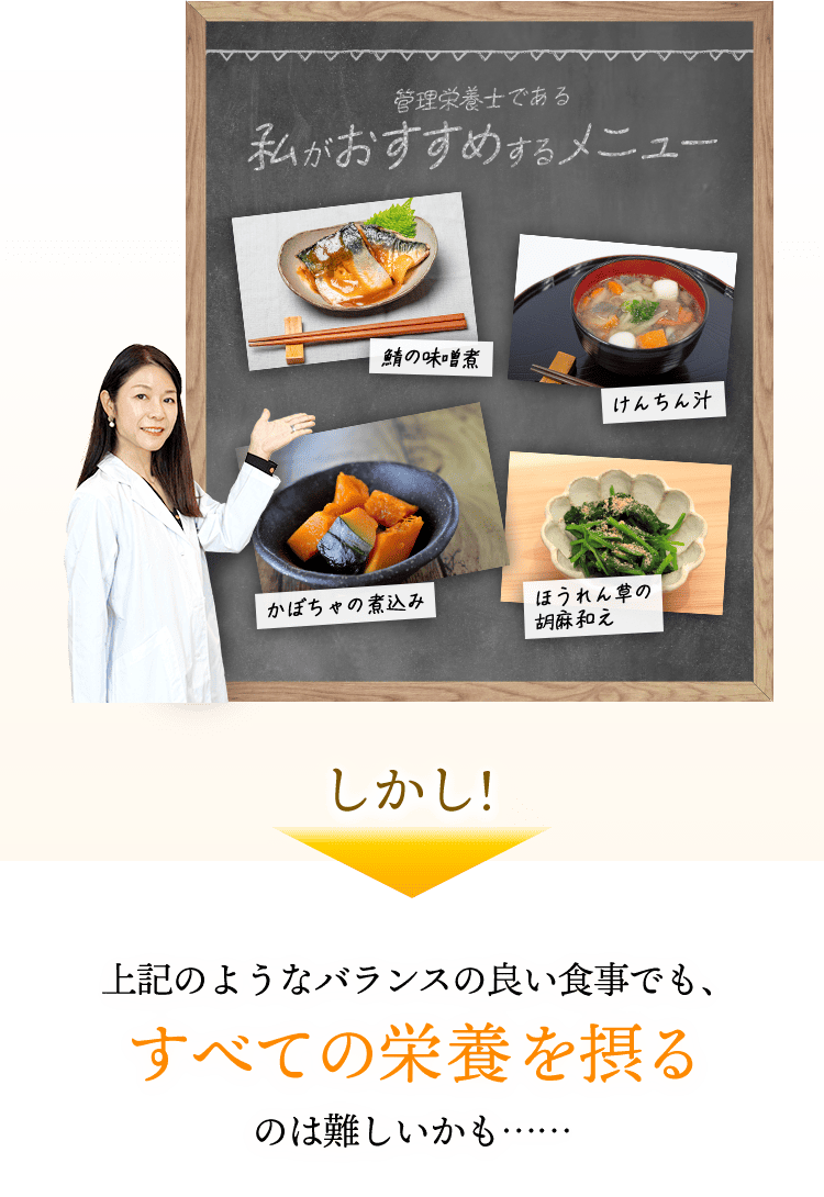 管理栄養士である私がおすすめするメニュー 「さばの味噌煮」「けんちん汁」「かぼちゃの煮込み」「ほうれん草の胡麻和え」　しかし!　上記のようなバランスの良い食事でも、すべての栄養を摂るのは難しいかも…… 